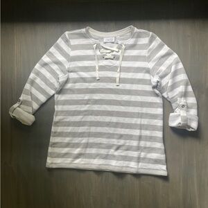 Denim&Co Gray and White Striped Lace-Up Long Sleeve Top